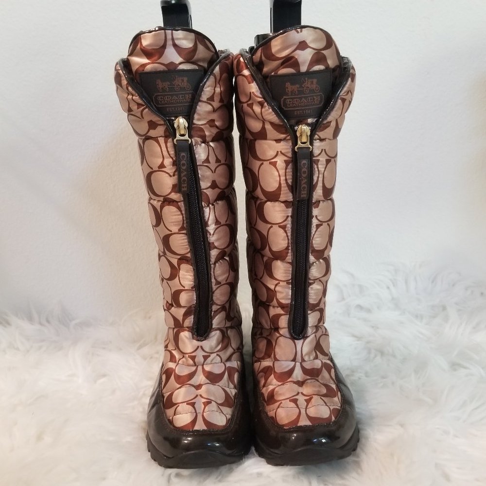 Coach Jolt Snow Boots Signature Brown & Cream Quilted Nylon Weatherproof 8 B